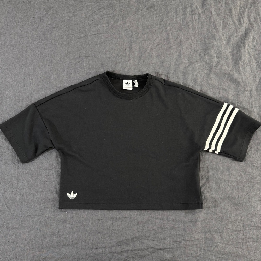 Adidas Originals Crop Top Size S Black Three Stripe Boxy Tee